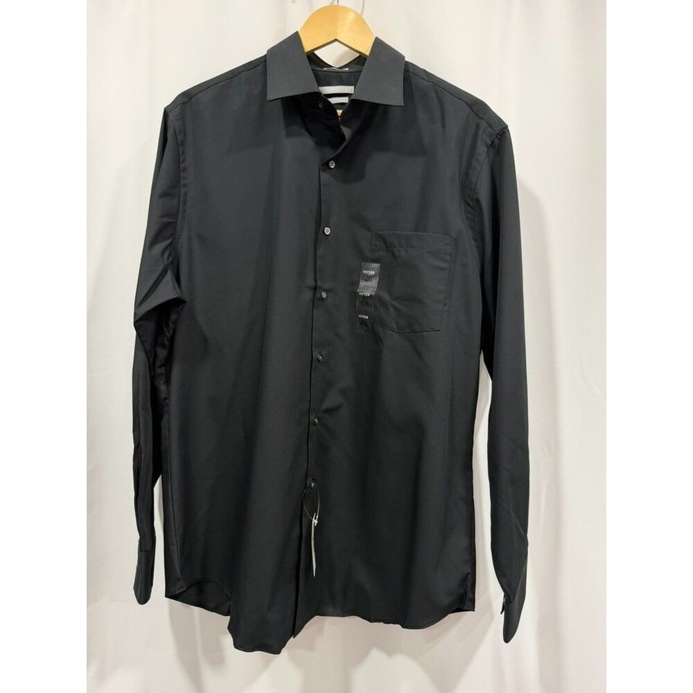Van Heusen Men's 16.5 34/35 Button Up Shirt Black Fitted Poplin 668